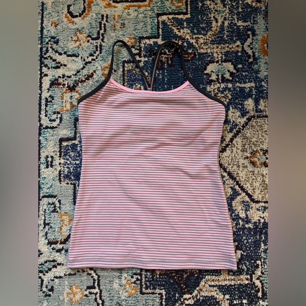LULULEMON Power Y Pink & Gray Stripe Racer Back Tank w/ bra